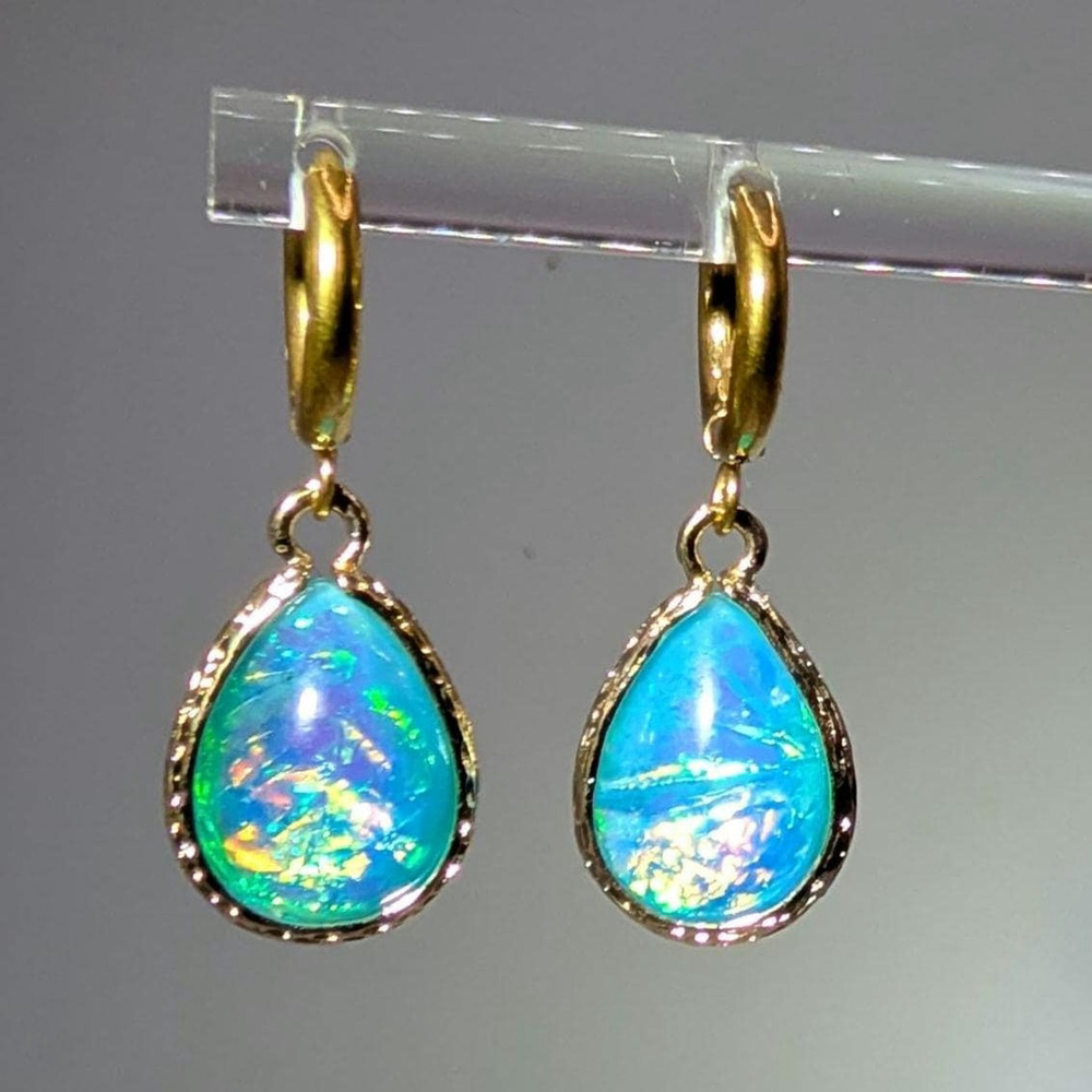 Blue Green Opalescent Teardrop Gold Ion-plated Huggie Earrings - Picture 2 of 8